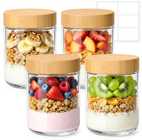 ComSaf Tarros de Cristal con Tapa 500 ml Pack de 4 para Yogur y Cereales | Bambú natural, avena, fruta, granola, frutos secos, desayuno preparado, oficina, escuela, gimnasio, picnic, viaje, hogar