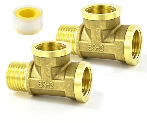 2 pezzi a T 1/2 pollici, in ottone 1/2 pollici, raccordo a T in ottone, con 1 rotolo di nastro filettato, per frigorifero, lavello, filtro acqua, lavastoviglie