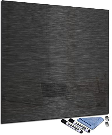 Glas-Magnettafel 70x70 cm Whiteboard Wand Beschreibbar Quadratisch Magnetisch Küche Office Büro mit Zubehör Wochenplaner Abwischbar Deko Memoboard Tafel Edelstahl-Optik Schwarz