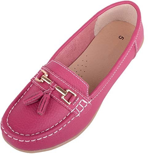 ABSOLUTE FOOTWEAR Womens Slip On Casual Leather Loafer/Deck/Boat Shoes/Sandals - Fuchsia - UK 6