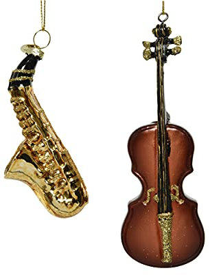 Decoris Christbaumschmuck Glas 12cm 2er Set Geige Saxophon Instrumente Weihnachtskugeln braun