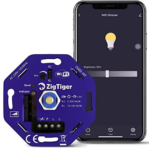 Zigtiger Wifi LED Dimmer Schalter, Universal Wlan Drehdimmer Unterputz Dimmschalter geeignet für Dimmbare LEDs und Halogen 5-250 W, Ohne Klemmkrallen, Weiß Schalttafel