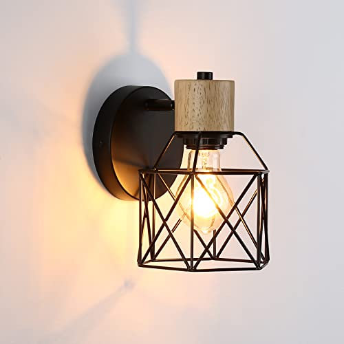 Lightess Wandlampe Innen Vintage, Holz Wandleuchte Schwarz mit Metallkäfig-Schirm, Retro Industrial E27 Lampe Wand Schwenkbar für Flur Schlafzimmer