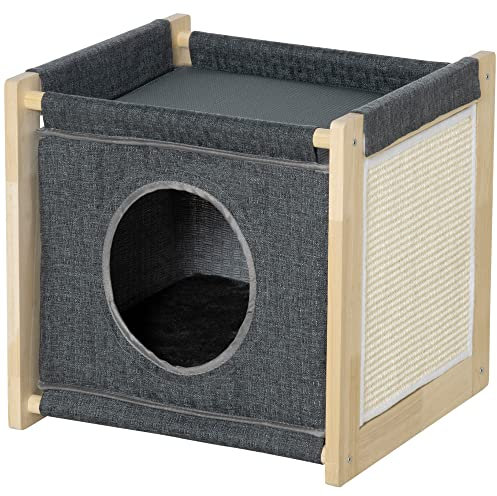 PawHut Katzenhöhle, Katzenhütte mit Kissen, Katzenhaus aus Kiefernholz, Katzenkorb mit Kratzmatte, Kuschelhöhle für Katzen, Katzenmöbel, Indoor, Grau, 40 x 40 x 40,5 cm