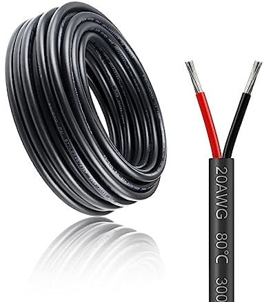 20 Gauge Electrical Wire, 2 Core 65.6ft/20m Conductor Wire, 2 * 0.5mm² Red Black Low Voltage LED Extension Cord, Tinned Copper Cable with Black Reel Package Hookup Power Cable for LED Lighting Lamp
