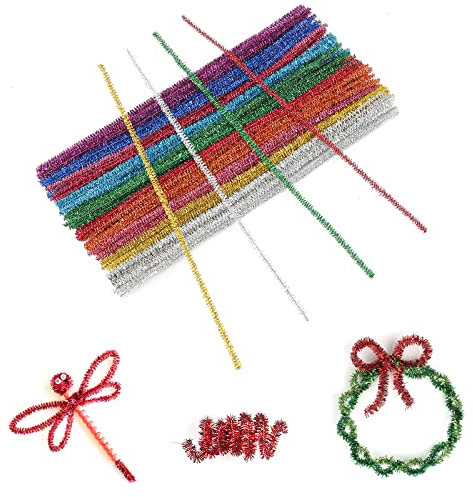jijAcraft Glitzer Pfeifenreiniger 100 Stück Chenilledraht, 6 MM * 30 cm, Ideal für DIY Basteln, Weihnachtszierde Making und Dekorieren - Bunt mit 10 Farben