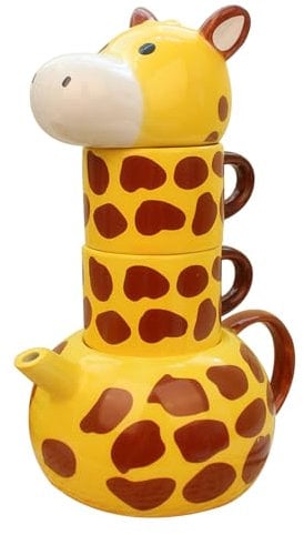 Giraffe Ceramic Teapot Set with 2 Tea Cups, Cartoon Animal Tea Set with Lid, Household Teapot Cup, Hand-Painted Porcelain Teapot Set for Milk Coffee Tea Latte