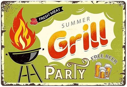 Summer Grill Blechschild, Party Fresh Meat Free Bear Vintage Aluminium Metallschild Hofschilder Dekor Home Art Wandschild 8 × 12 Zoll