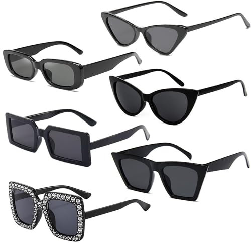 FSMILING Lot de 4/6/10 paires de lunettes de soleil rétro pour femme - Lunettes de soleil vintage - Lot de lunettes tendance des années 90 pour homme et femme, Lot de 6 verres noirs B