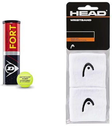 Dunlop Dunlop Tennisball Fort Tournament - für Sand, Hartplatz und Rasen (1x4er Dose) & Head Unisex-Erwachsene 2,5 Schweißband, weiß, Einheitsgröße