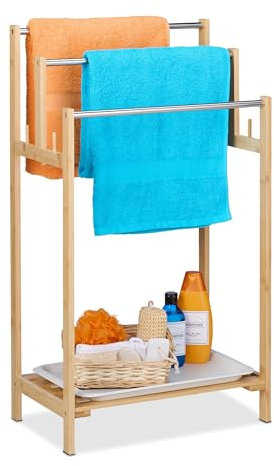 Relaxdays Handtuchhalter Bambus, 3 Stangen & Ablage, HxBxT: 90 x 51 x 30,5 cm, freistehend, Duschtuchhalter Bad, natur