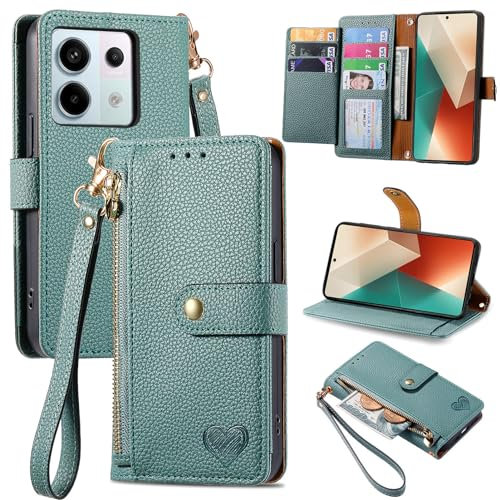 VEEMOS Handyhülle für Xiaomi Redmi Note 13 Pro 5G Hülle Klappbar Klapphülle Schutzhülle mit Kartenfach RFID Reißverschluss Handy Tasche Leder Flip Case Cover Handytasche Frauen - Grün