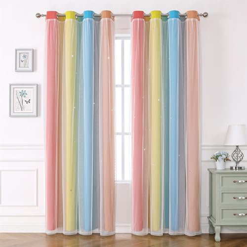 Freyamy Wohnzimmer Gardinen Orange Blau Gelb Glänzend Sterne Vorhänge Halbtransparent 270x132 (HxB) Ösenvorhang 2er Set Farbverlauf Gardinen mit Farbverlauf Vorhang verdunkelungsvorhang