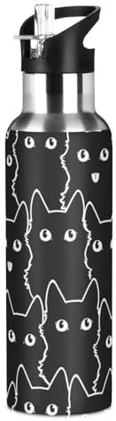 Cute Cat Black White Water Bottle for Girls Boys Stainless Steel Drink Flask Straw Vacuum Insulated Leakproof Thermos Sports 600 ml
