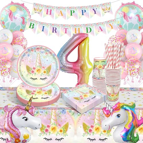 YEJIKJ Decoraciones Unicornio para 4 Años, Globos y Vajilla para Fiesta de Cumpleaños, Kit de Fiesta Unicornio (16 Invitados)
