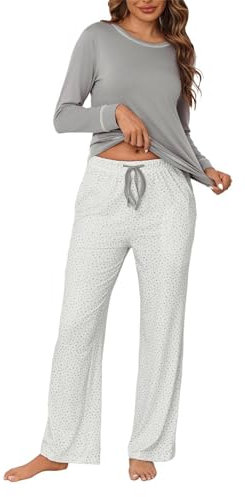 Alebame Pigiama Donna Invernale Cotone Lungo Pigiami Due Pezzi da Donna Pigiama a Manica Lunga Pantaloni Lunghi