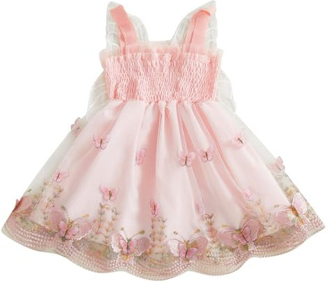 Geagodelia Abito Principessa Bambina in Tulle Vestito Neonata Elegante Estivo Senza Maniche con Ali di Farfalla Abito Cerimonia Compleanno Bimba (Rosa Chiaro, 12-18 Months)