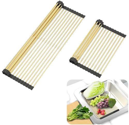 ARAINY Expandable Large Draining Rack, Roll Up Heat-resistant dish drainer for stainless steel sinks, Collapsible Over The Sink Rack Non-Slip Silicone Rolling Up Rack Gold 18 tube 33 x 29-54cm