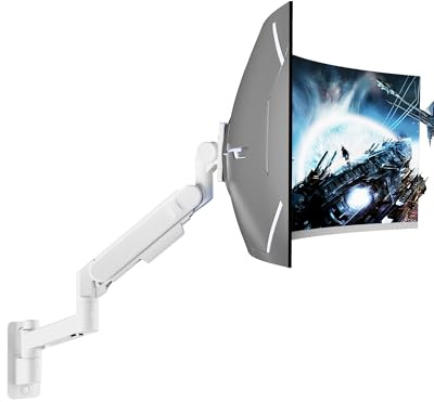 ARES WING Ultrawide Monitor Arm Wall Mount for 24-57 Inch Screens, Monitor Wall Mount with Fully Adjustable Gas Spring Arm, Heavy Duty monitor arm Support up to 27 kg, VESA 75/100, White