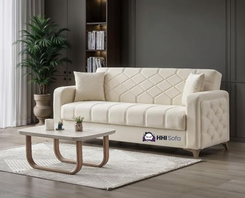 SofaHeaven - Plush Fabric Chesterfield 3 Seater Sofa Bed with Storage for Living Room - Convertible Three Seater Sofa & Couches with Cushions (Cream, 3 Seater)