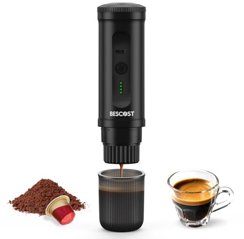 BESCOST 2-in-1 Portable Coffee Maker, 20-Bar Portable Espresso Maker with Heating & 9600mAh Battery, Works with NS Pods & Ground Coffee for Outdoor, Car & Office