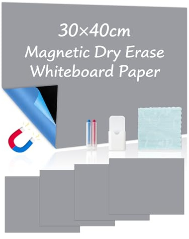 Inscrip Whiteboard Folie, 4 Stk 30x40cm Magnetisch Selbstklebend Weißwandtafel Folie mit 2 Whiteboard-Stifte & 1 Wischtuch, Wiederbeschreibbar & Abwischbar, für Büro Zuhause Klassenzimmer (Grau)