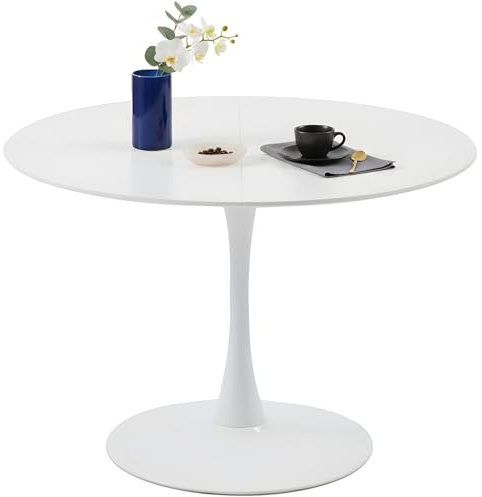 GOKHOMX Table à Manger Ronde Blanche 110 cm, Table de Cuisine Ronde pour 4 à 6 Personnes, Style Scandinave, Pied Central Métal Stable, pour Cuisine, Salle à Manger, Salon, Bureau, Blanc