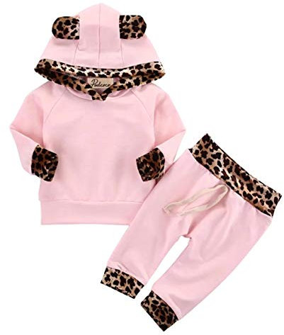 EDOTON Baby Mädchen Outfit 2 Stücke Set Gestreifte Blumen Hoodies mit Tasche Top + Lange Hosen Sweatshirt Outfit Kleidung (12-18 Monate, Rosa)