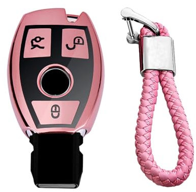 M.JVisun Doux TPU Clef Coque Porte-clés pour Mercedes-Benz Classe A B Classe C E S G M V CLA CLS GLA GLC GLE GLK GL GLS SL SLK SLC Viano pour Metris Clé de Voiture - Brillant Rose - Tressé Porte-clés