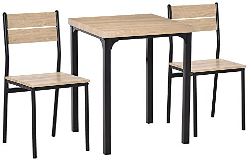 HOMCOM 3-teilige Essgruppe Esstisch mit 2 Stühlen Sitzgruppe Küchentisch mit Metallgestell Esszimmergruppe, Natur