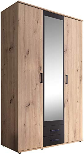 Kleiderschrank Schlafzimmerschrank Drehtürenschrank | 3-türig | Dekor | Anthrazit | Artisan Eiche | mit Spiegel
