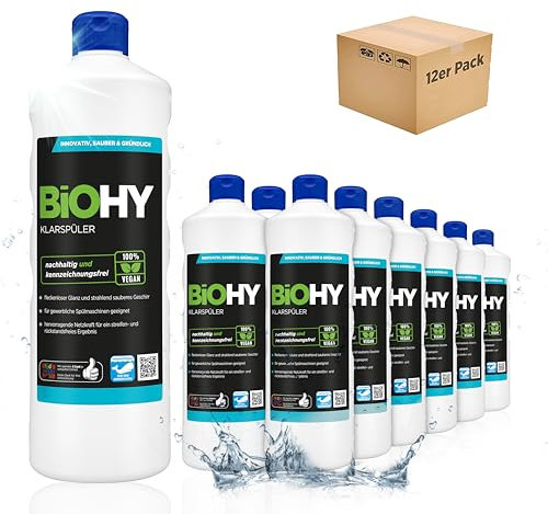 BiOHY Brillantante (12 bottiglie da 1l) | Adatto a tutte le lavastoviglie (commerciali), per una brillantezza imbattibile su bicchieri e stoviglie (Klarspüler)