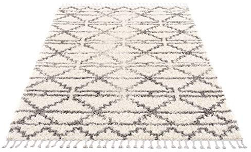 Teppich Wohnzimmer Hochflor - Creme Grau - 200x290cm - Deko Schlafzimmer - Soft Shaggy mit Fransen - Rauten Muster - Oeko Tex 100 Standard - Allergiker geeignet