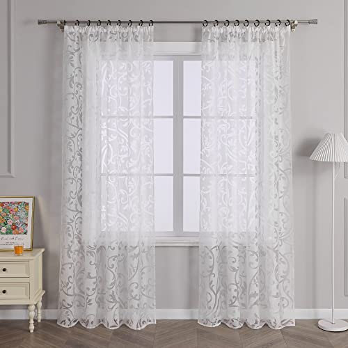 Delien Voile Ausbrenner Gardine mit Ranken Muster transparenter Vorhang mit Kräuselband Wohnzimmer Gardinenschals BxH 140x260cm Weiß 1 St.