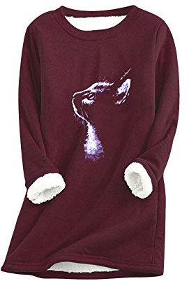 EFOFEI Femmes Plus Polaire Sweat Shirt Chaud Teen Girls Sweat Shirt Épaissi Pull Chaud Doux Et Confortable Home Tops Chat Vin Rouge 3XL