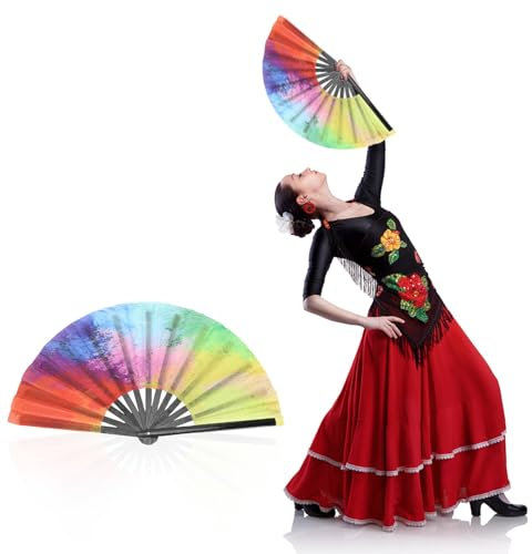 Hapivida Chinesischer Bunte Fächer 35cm Dekorative Faltbares Handfächer Vintage Regenbogen Fan mit Stoff Schutzbeutel für Hochzeit, Party, Tanz, Festival, Leistung, Geschenk