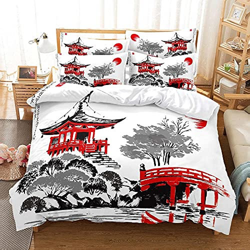 PONGLPKBB Housse de Couette 200x200 Architecture Ancienne Japonaise Parure de Lit et 2 Taies d'oreiller 1/2 Personnes en Microfibre, pour Enfant Ado et Adulte