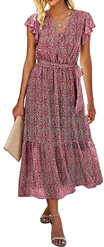 SEVETAT Damen Chiffon Boho Lange Kleid mit Gürtel Sommerkleid Partykleid Elegant V-Ausschnitt Maxikleid Blumenkleid Abendkleid Rüschen Strandkleid Cocktailkleid (Rot, L)