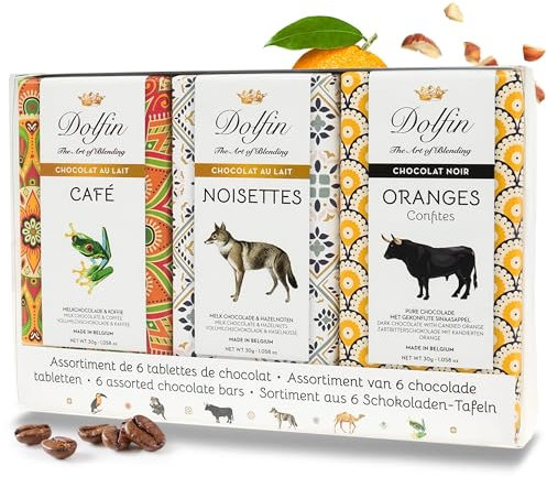 Dolfin Tavolette di Cioccolato Diario di Viaggio - 6 Tavolette di Cioccolato Fondente e al Latte - Limone e Zenzero, Arancia Candita, Pepe Rosa, Caffè, Nocciole, Albicocca - Alta Qualità - 180g