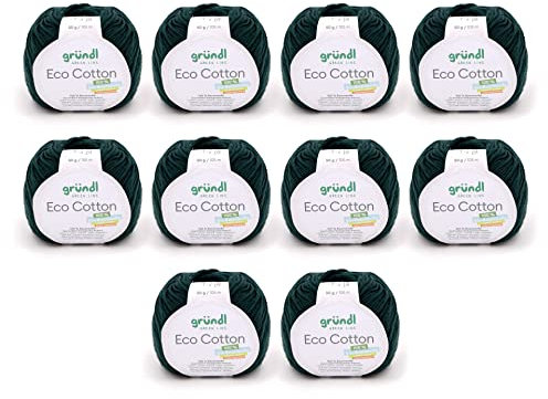 Gründl Wolle Eco Cotton - Wolle zum Häkeln - Wolle zum Stricken - Häkelgarn - Weich und hautfreundlich - 100% Bio-Baumwolle - 10 Knäuel 50 g / 105 m - Nadelstärke 3,5-4,5 - dunkelgrün