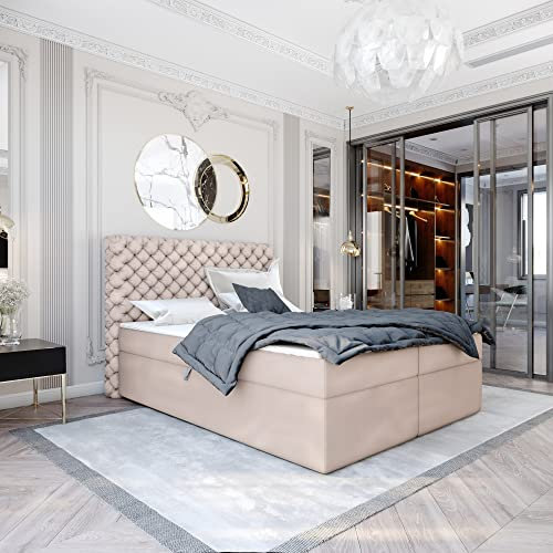 Boxspringbett Doppelbett EXFORD - 140x200cm Bett mit Bonellmatratze, mit Bettkasten für Bettwäsche und Topper. EIN Bett mit einem klassischen Chesterfield-Kopfteil. (Magic 2282, 140x200)