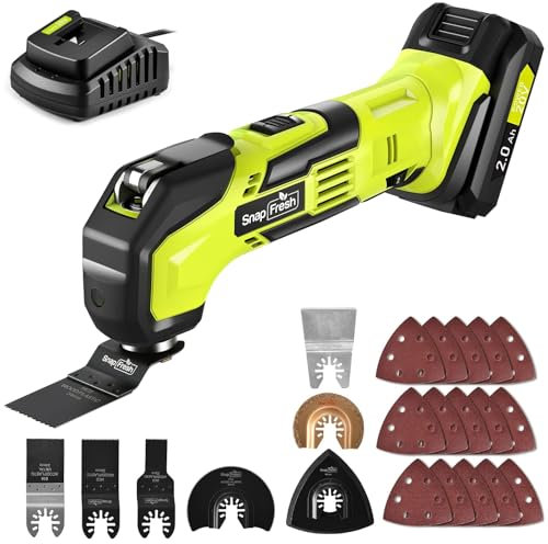 SnapFresh Oszillierendes Werkzeug, 20 V schnurloses, oszillierendes Multitool mit 6 Geschwindigkeiten, 3,2 ° oszillierender Winkel, 22 Stück Zubehör - Akku-Multifunktionswerkzeug