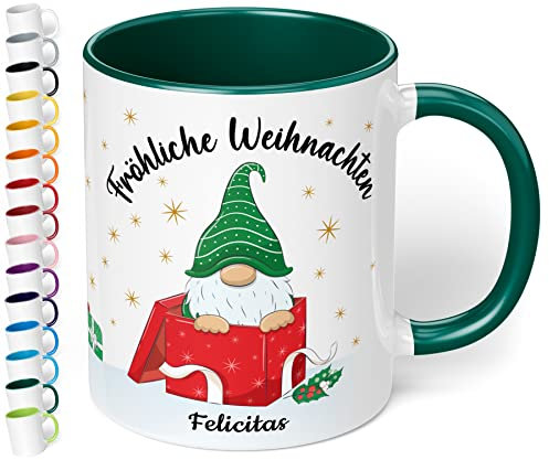 True Statements Weihnachtstasse mit Namen personalisiert „Fröhliche Weihnachten“ - 330ml Keramik Kaffeebecher mit Wichtel-Motiv und Spruch - Geschenk für Freunde & Familie (Dunkelgrün)