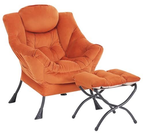 SESHINELL Armchair with Ottoman, Comfy Upholstered Lounge Reading Chair with Side Pocket and Armrests, Modern Bedroom Lazy Chair and Footstool Set for Living Room, Reddish Brown