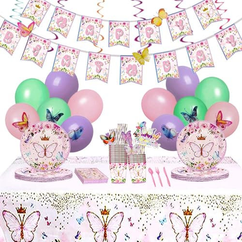 147 Stücke Geschirr Schmetterling,Schmetterlinge Deko Geburtstag Mädchen,Schmetterling Teller,Schmetterling Partygeschirr,Schmetterling Geburtstag,Geburtstag Teller Set Schmetterling