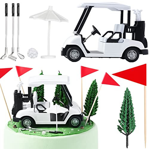 Leitee 21 Pcs Golf Cake Topper Cake Decoration Cupcake Topper Include Mini Cart Red Flag Ball Green Tree Club Sun Umbrella for Golf Themed Birthday(White,Classic)