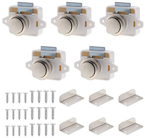 Mynoozi 5Pcs Push Button Latch Lock, Keyless Push Button Cabinet Latch, Cupboard Door Knob Latch for RV Yachts Boat Motorhome Camper Caravan (White)