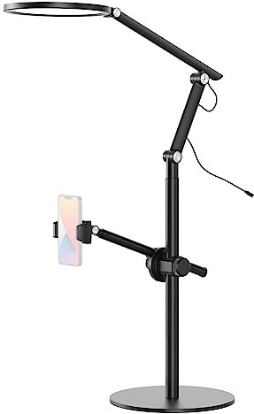 Neatfi LED-Tischlampe/Schreibtischlampe, Dimmbar mit 5 Helligkeitsstufen, 10W, USB-/Plug-betrieben (Mit Handyhalterung und Standfuß, Schwarz)