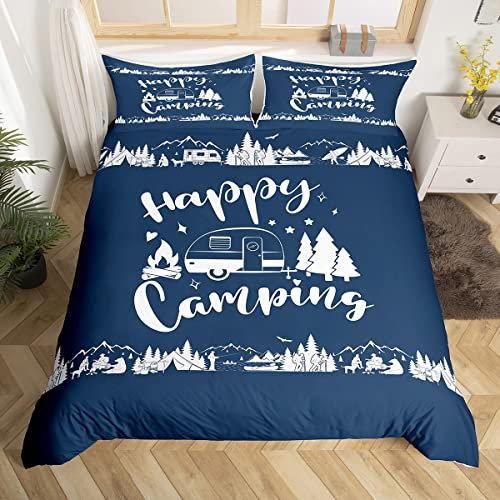 Manfei Glückliche Camping Bettbezug Set S Größe,Camper RV Anhänger Dekor Rustikale Bettwäsche Set Kinder Erwachsene,Berg Reise Abenteuer Tröster Abdeckung,Navy Blau Retro Quilt Cover,1 Kissenbezug
