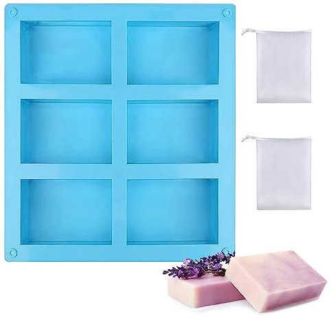 6 Pièces Moule en Silicone, Rectangulaire Moules à Savon en Silicone, Moule Savon Silicone Avec 2 Mailles Moussantes, Pour Moules à Savon Bricolage